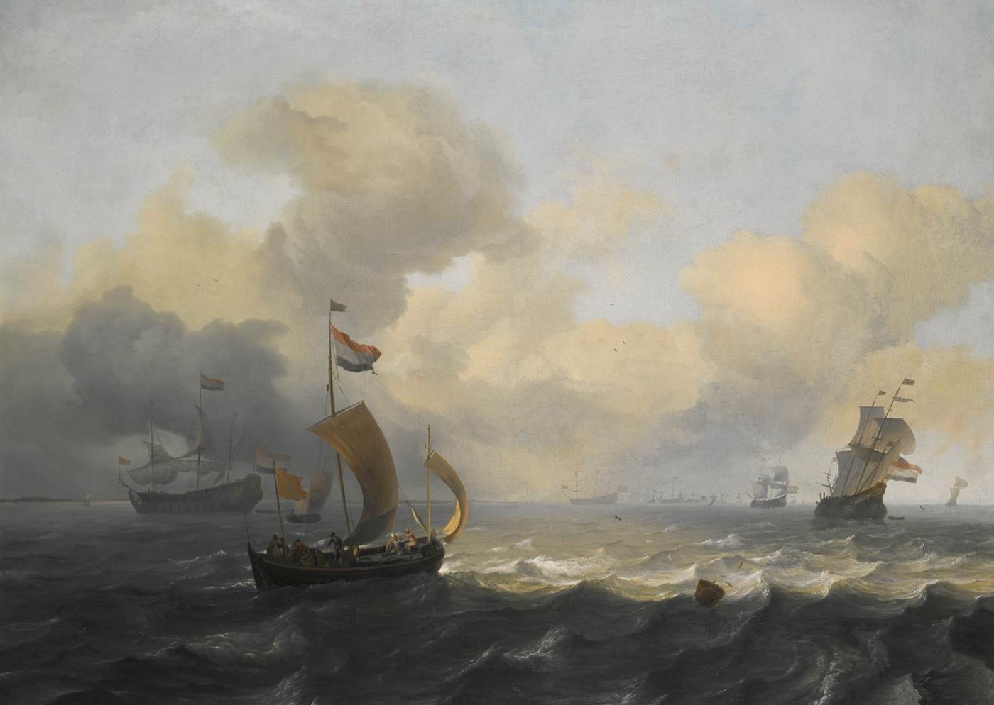 Navires hollandais au large d'une côte par une journée venteuse