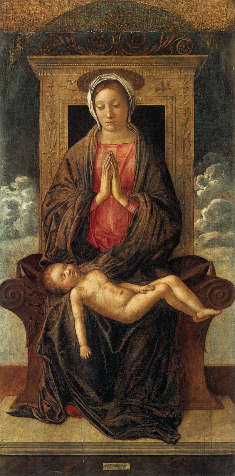 Vierge trônante adorant l'Enfant endormi