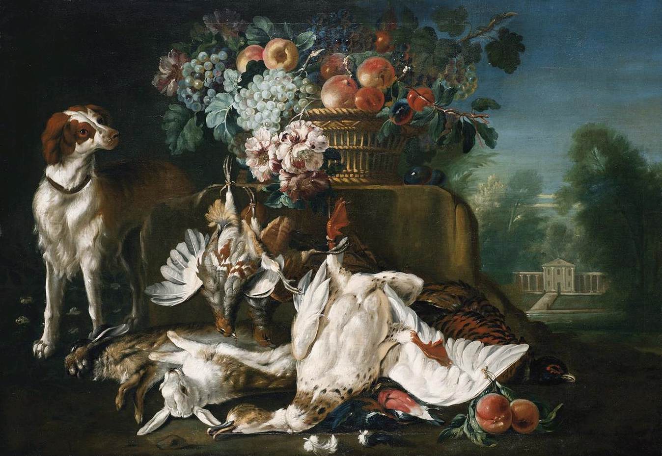 Nature morte avec un épagneul et du gibier