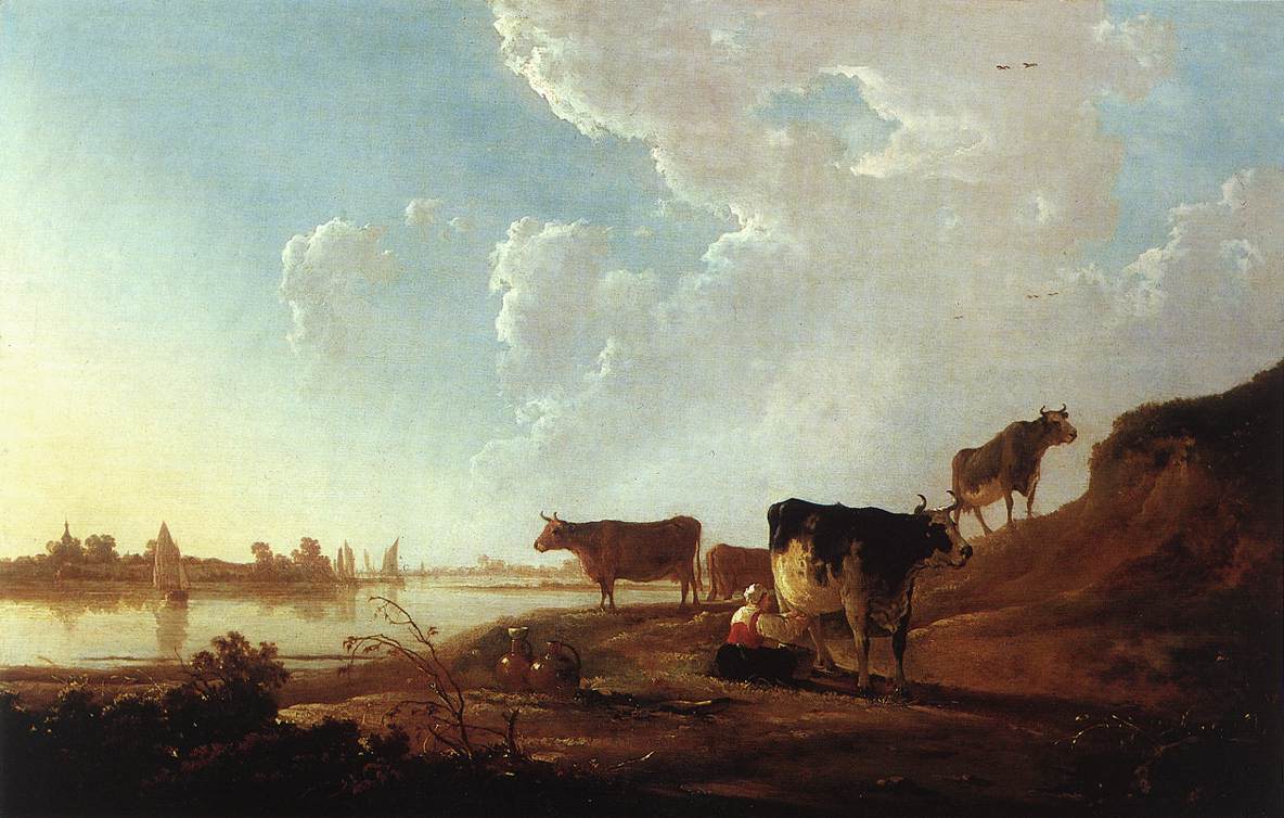 Scène de rivière avec une femme en train de traire