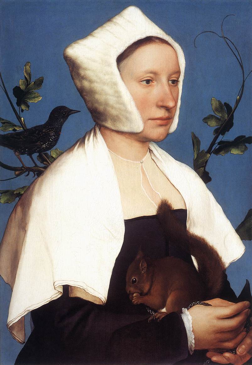 Portrait d'une dame avec un écureuil et un étourneau