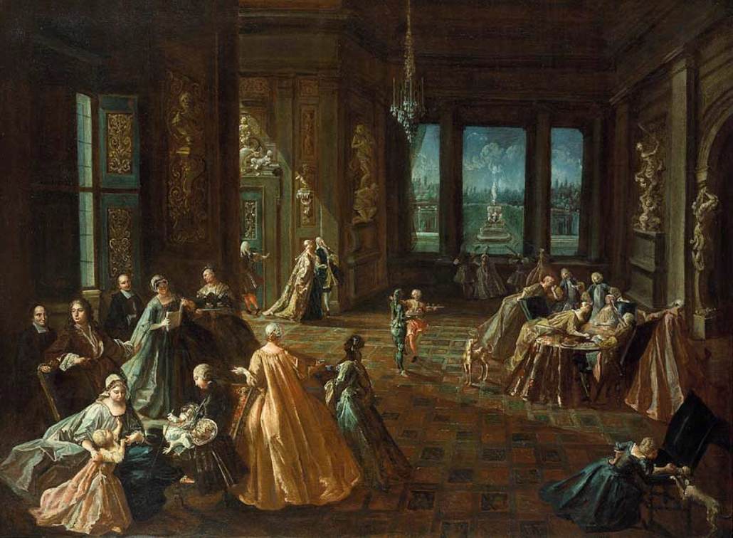 Intérieur d'un palais avec des personnages élégants