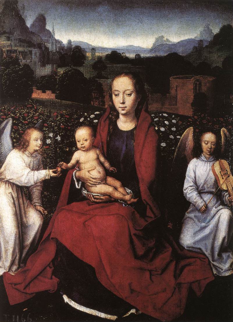 Vierge à l'Enfant dans une roseraie avec deux anges