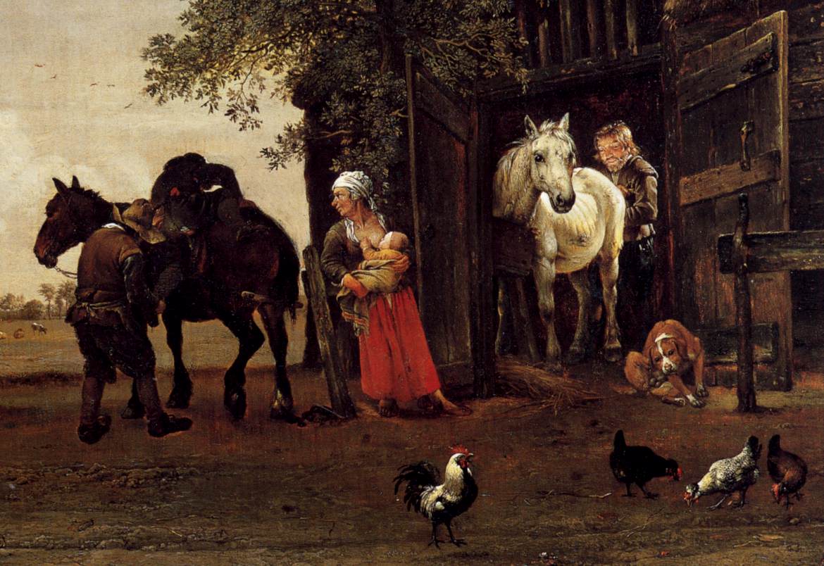 Personnages avec des chevaux près d'une écurie (détail)