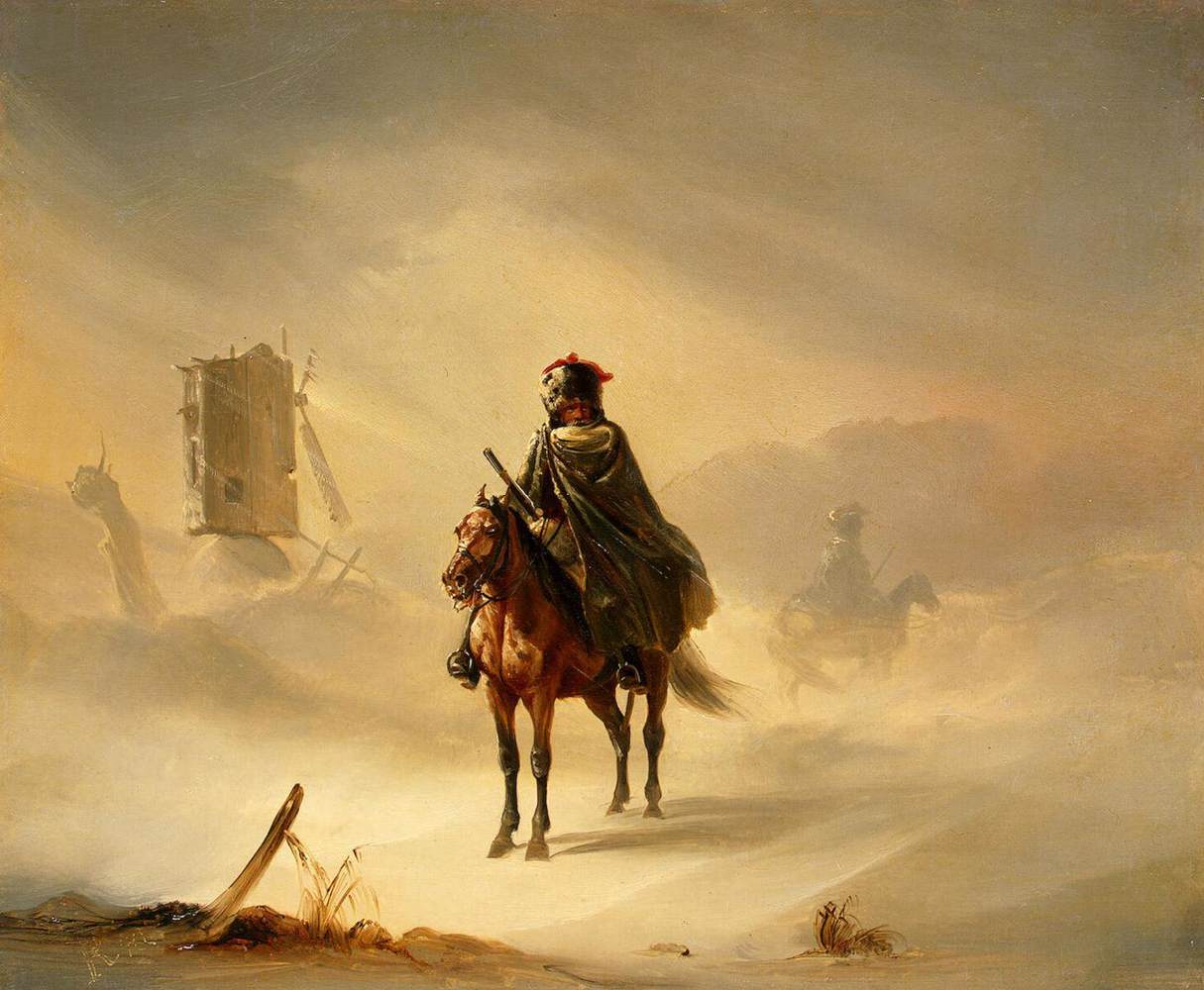 Deux hussards français en patrouille en hiver