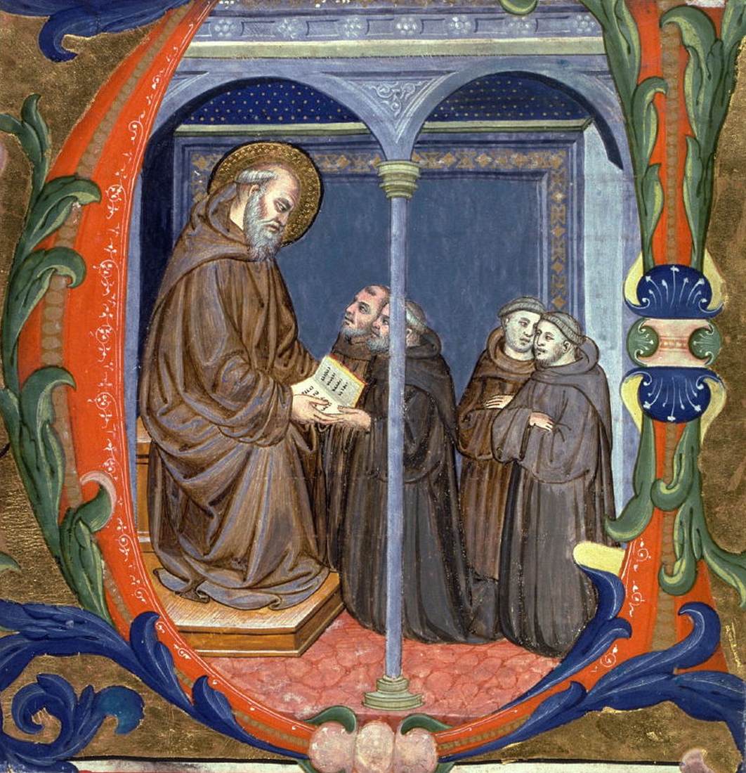 Saint Benoît donnant la règle de son ordre dans une initiale V