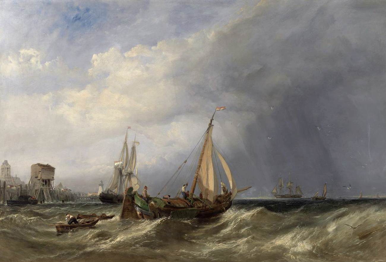 Barge hollandaise et navires marchands près de Rotterdam