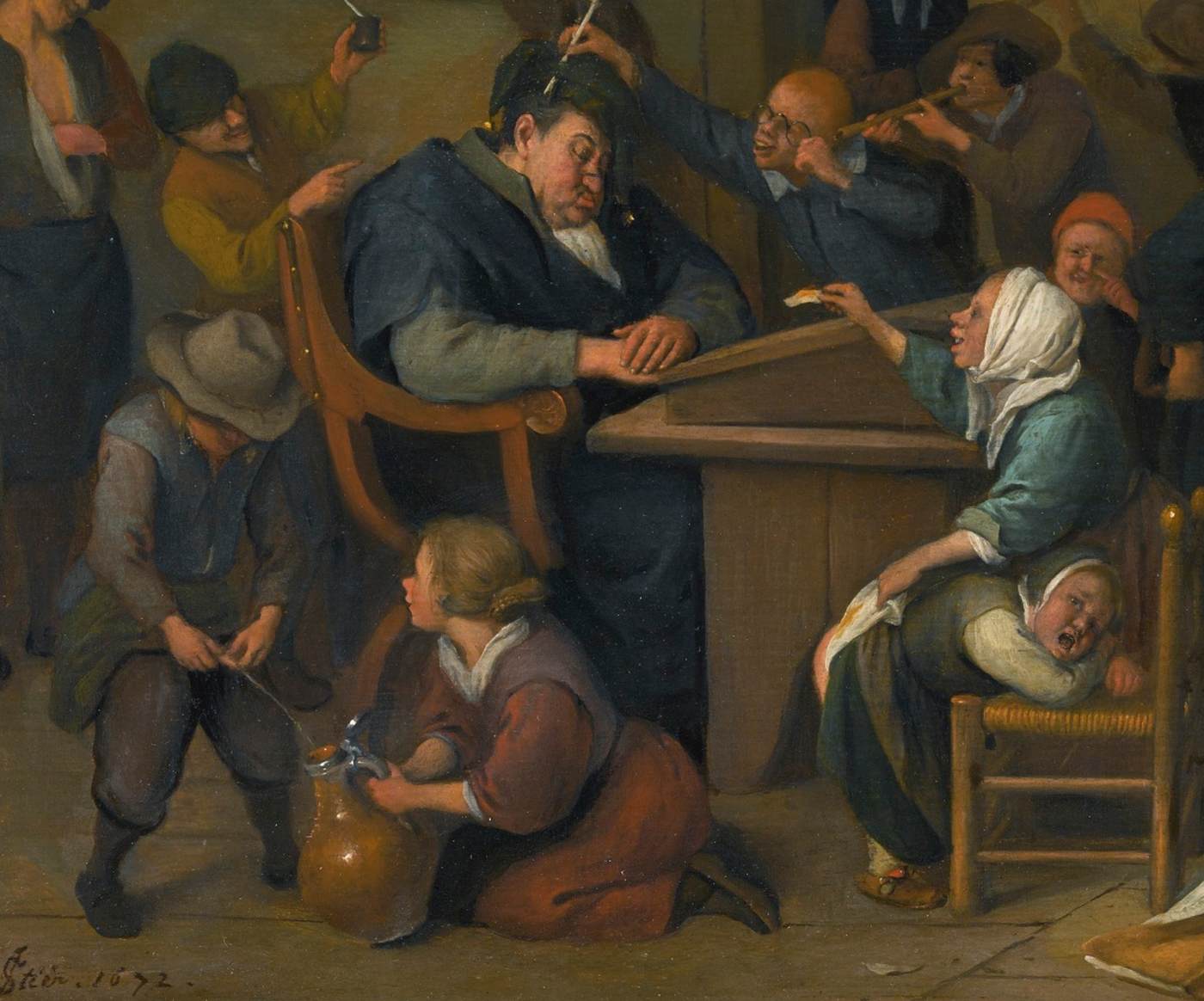 Salle de classe tumultueuse avec un maître somnolent (détail)