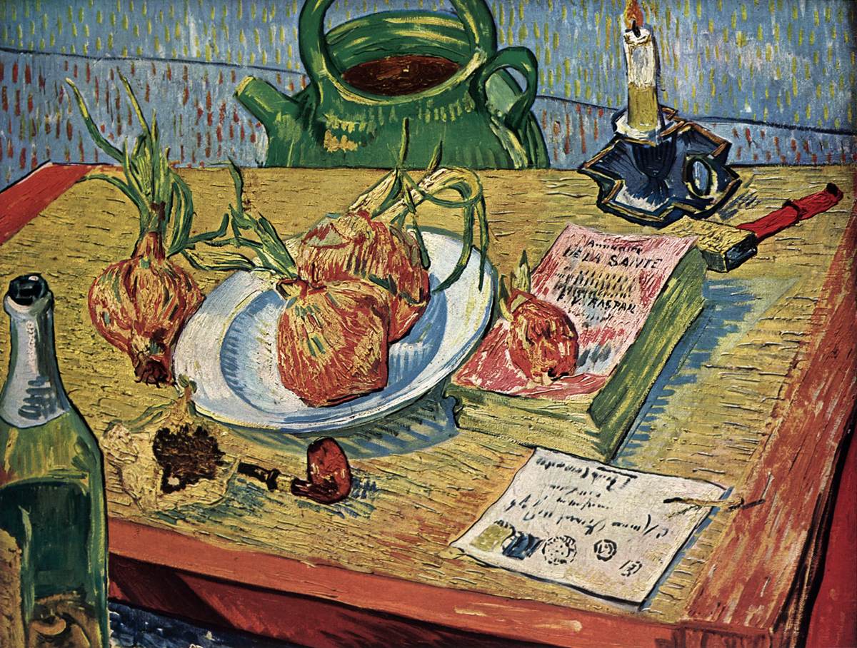 Nature morte avec planche à dessin et oignons