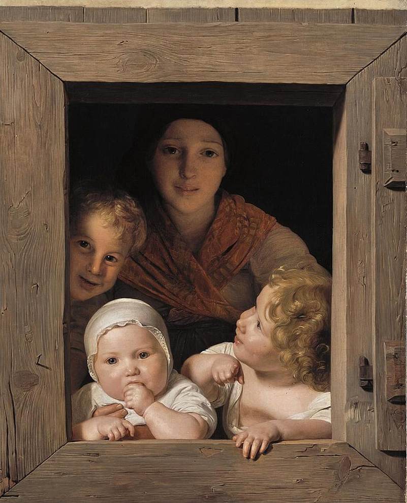 Jeune paysanne avec trois enfants à la fenêtre