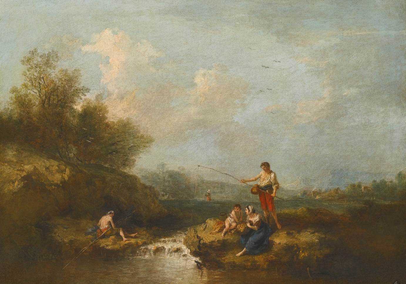 Pêcheurs et autres personnages au bord d'un ruisseau