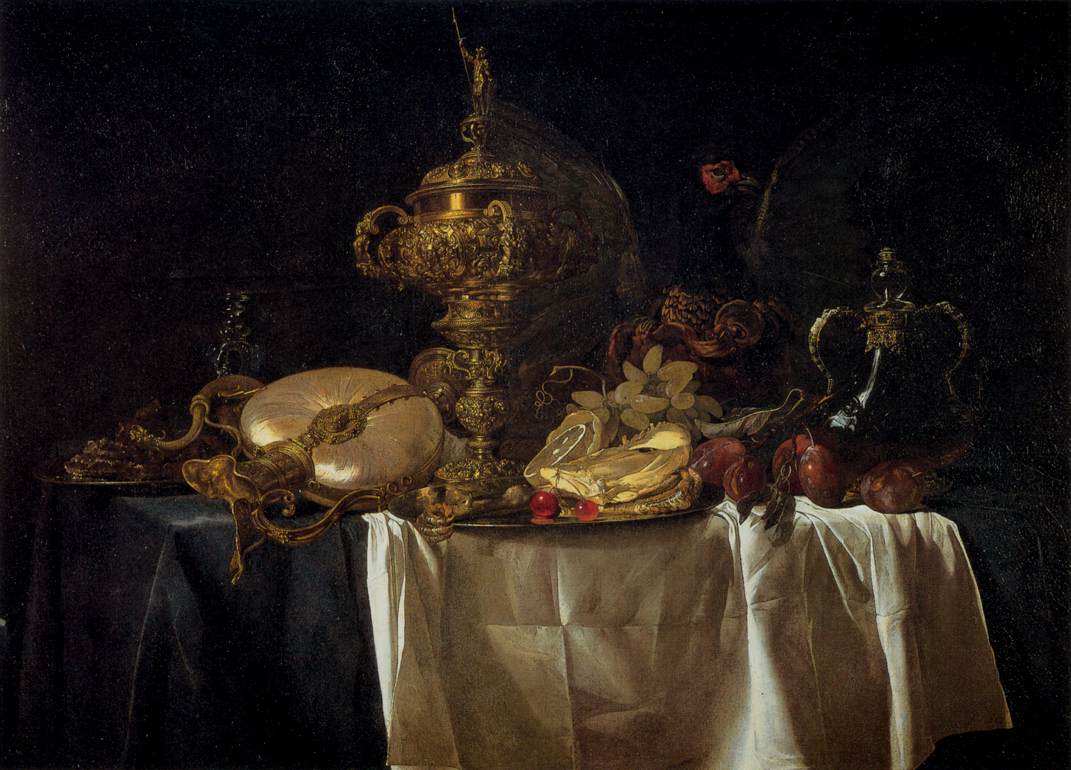 Nature morte avec fruits, perroquet et pichet en nautile