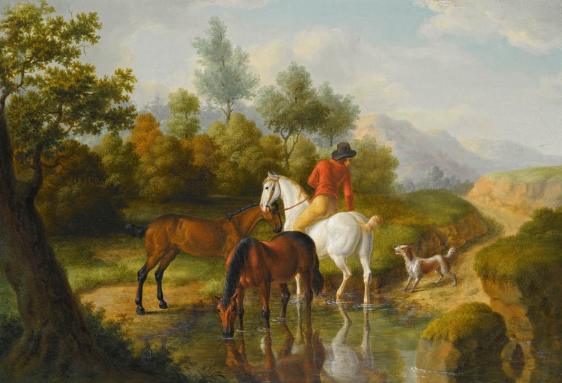 Un gentilhomme avec des chevaux au bord d'un ruisseau