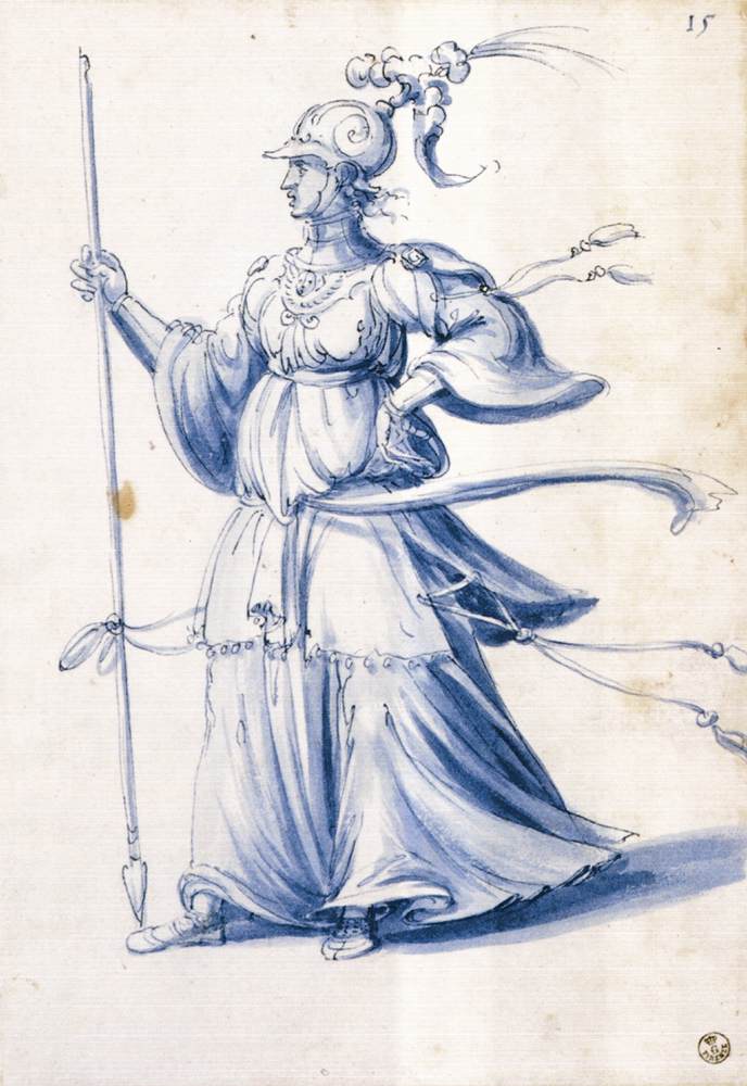 Dessin de costume d'une femme portant une lance