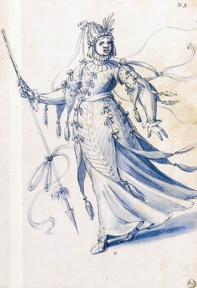 Dessin de costume d'une femme portant une lance