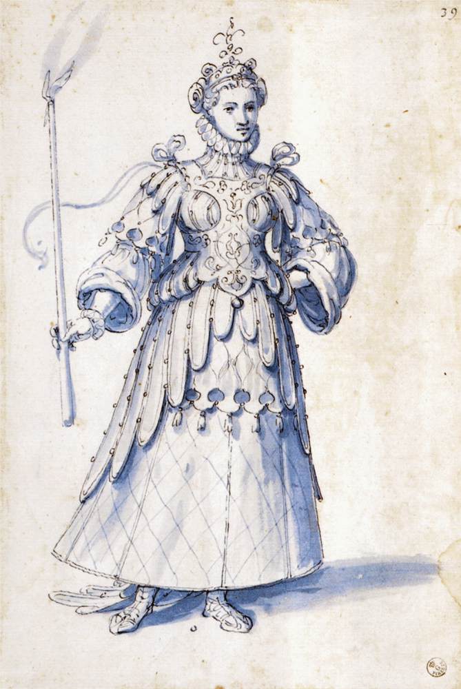 Dessin de costume d'une figure féminine tenant une torche