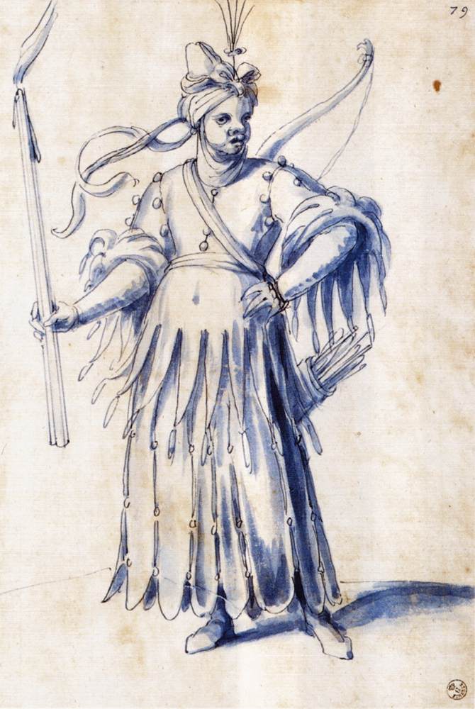 Dessin de costume pour une figure féminine tenant une torche