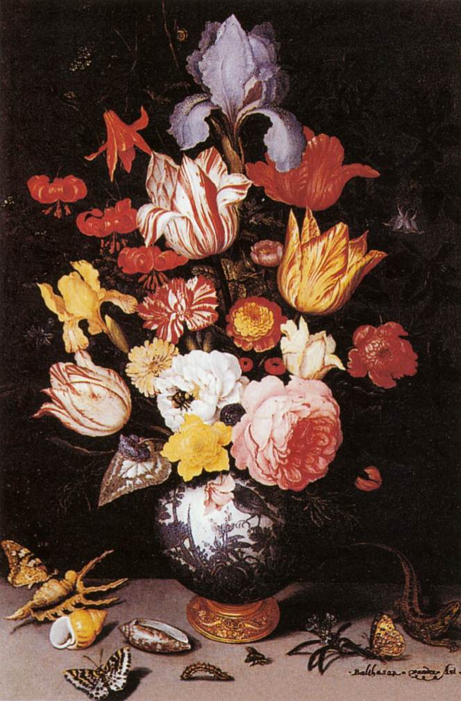 Nature morte de fleurs avec coquillage et insectes