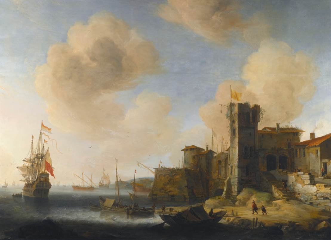 Port méditerranéen avec le navire néerlandais Profeet Elias à l'ancre