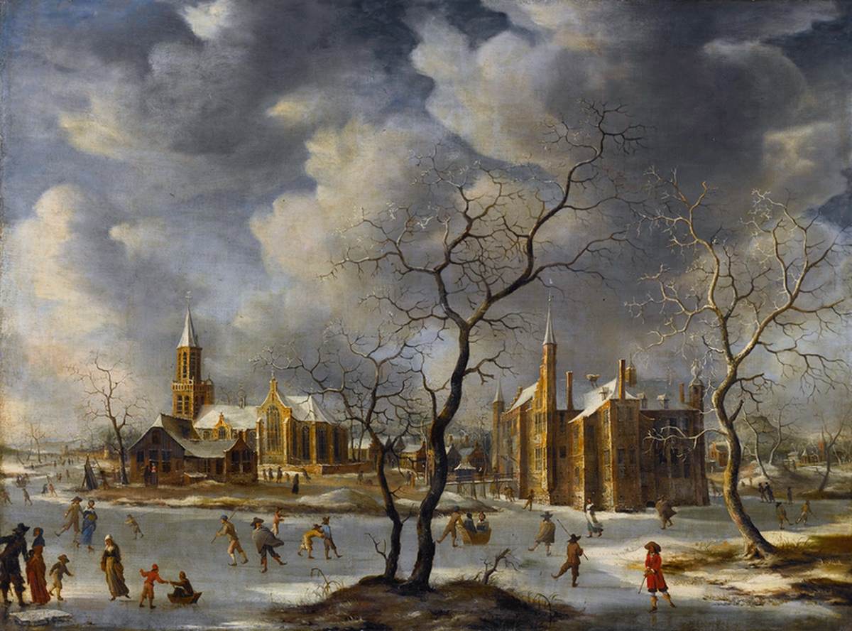 Paysage d'hiver avec des patineurs sur un lac gelé