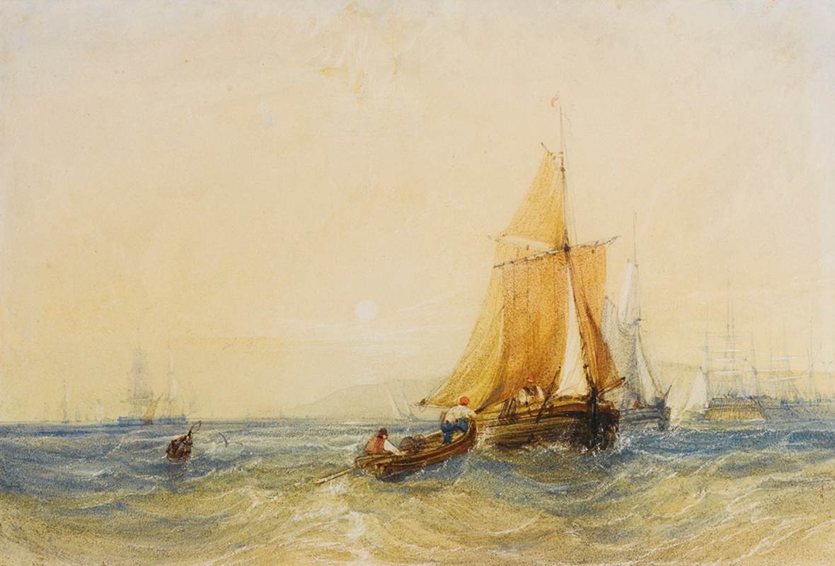 Bateaux de pêche au coucher du soleil au large d'un port
