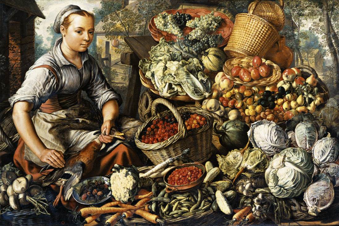 Femme de marché avec fruits, légumes et volailles