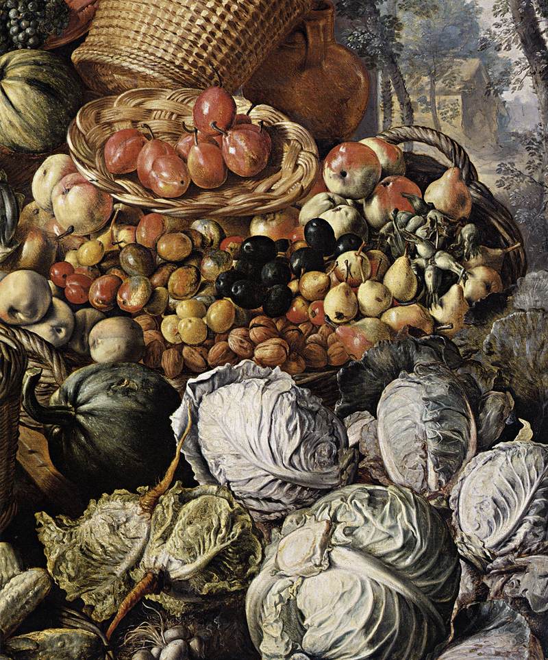 Femme de marché avec fruits, légumes et volailles (détail)