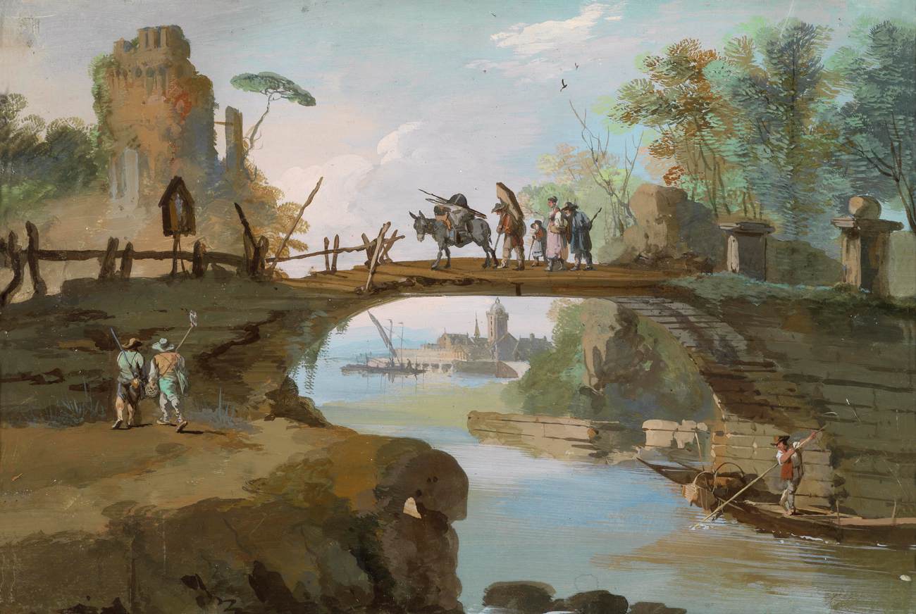 Paysage avec des personnages et un pont