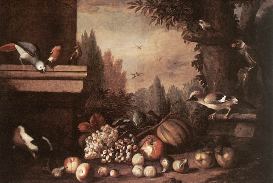 Fruits avec oiseaux et cochon d'Inde