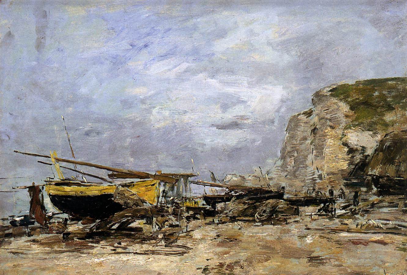 Falaises et bateaux jaunes à Étretat