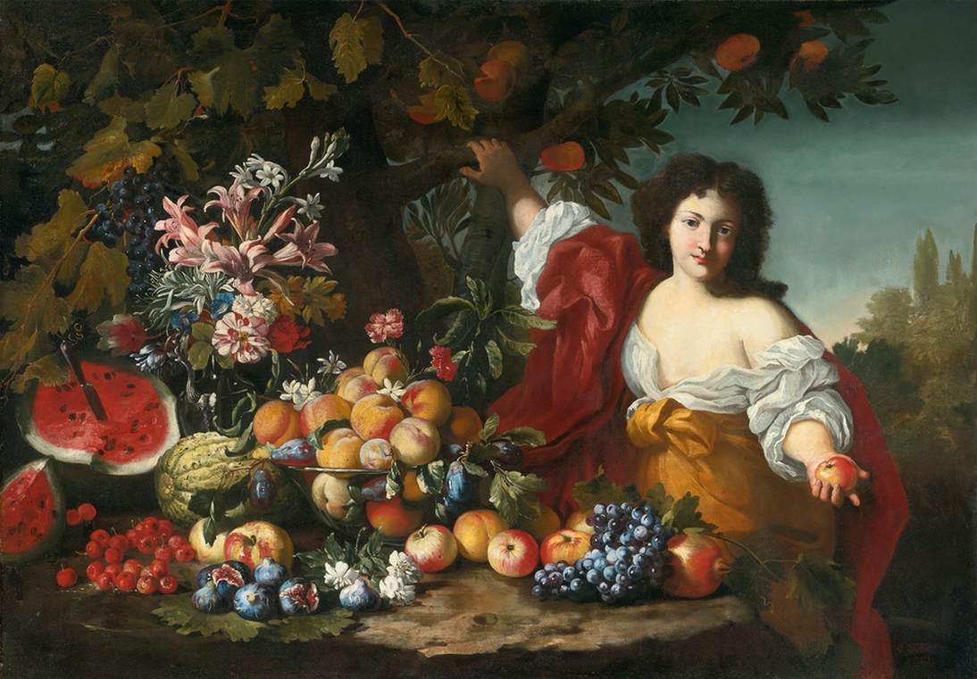 Nature morte de fruits et de fleurs avec une figure