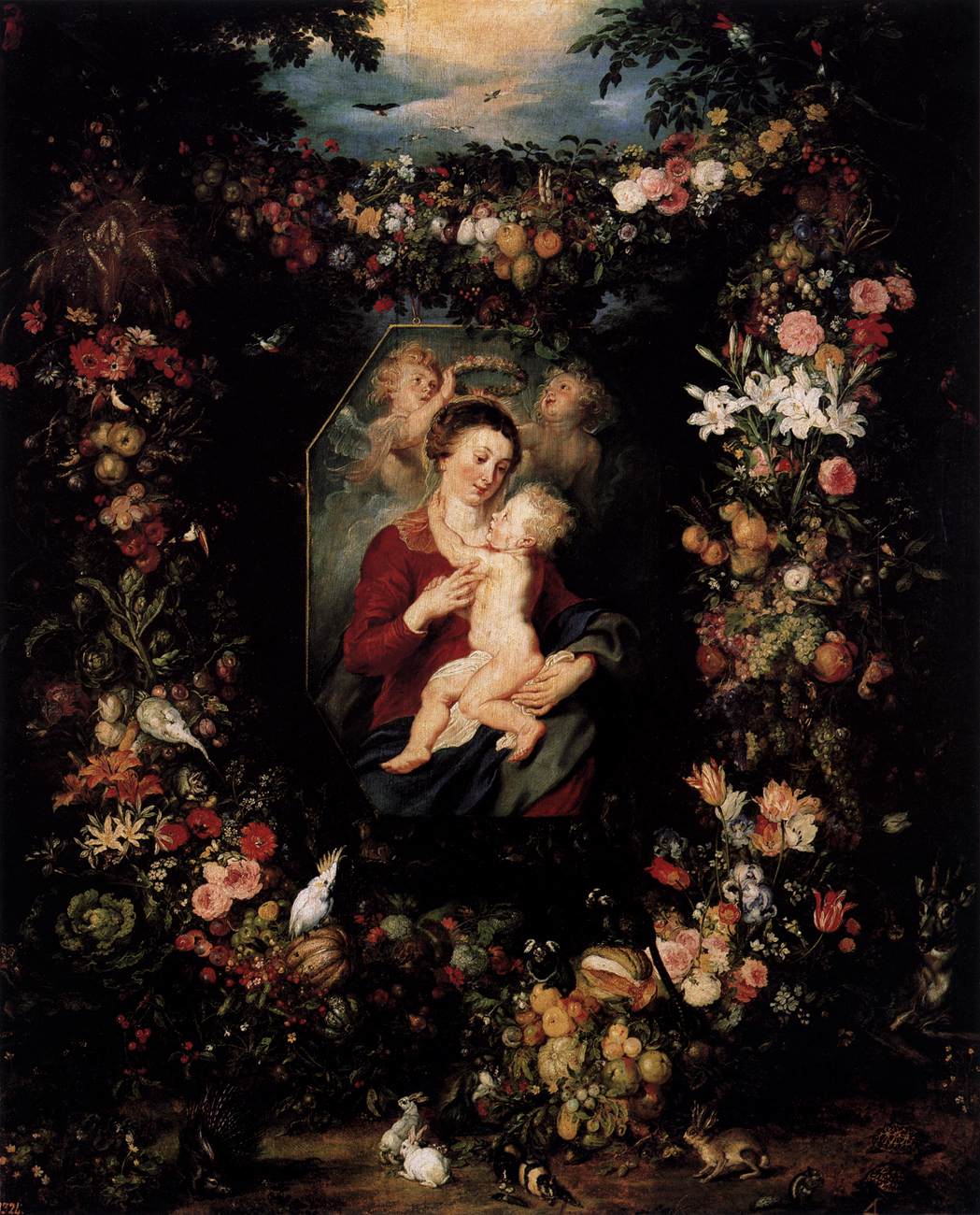 Vierge à l'Enfant entourée de fleurs et de fruits