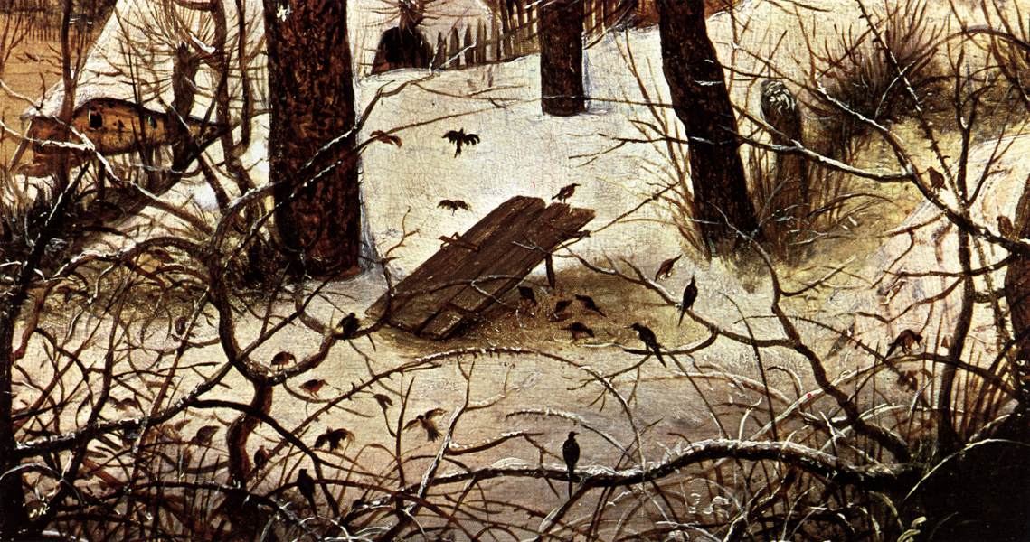 Paysage d'hiver avec patineurs et un piège à oiseaux (détail)