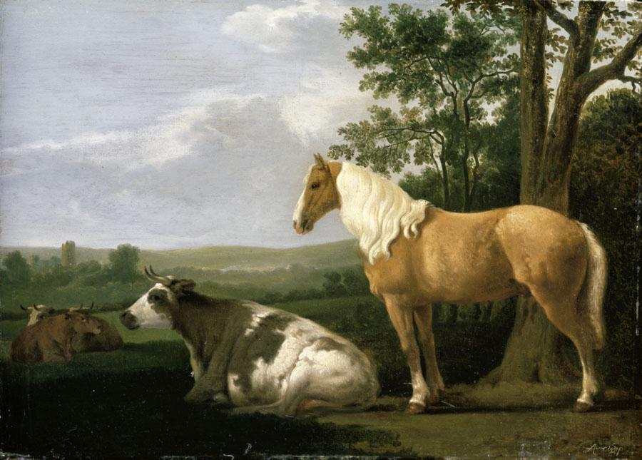 Un cheval et des vaches dans un paysage