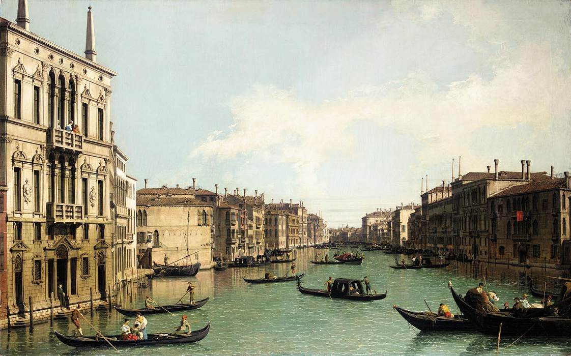 Venise : le Grand Canal, vue du Palazzo Balbi vers le nord-est jusqu'au pont du Rialto