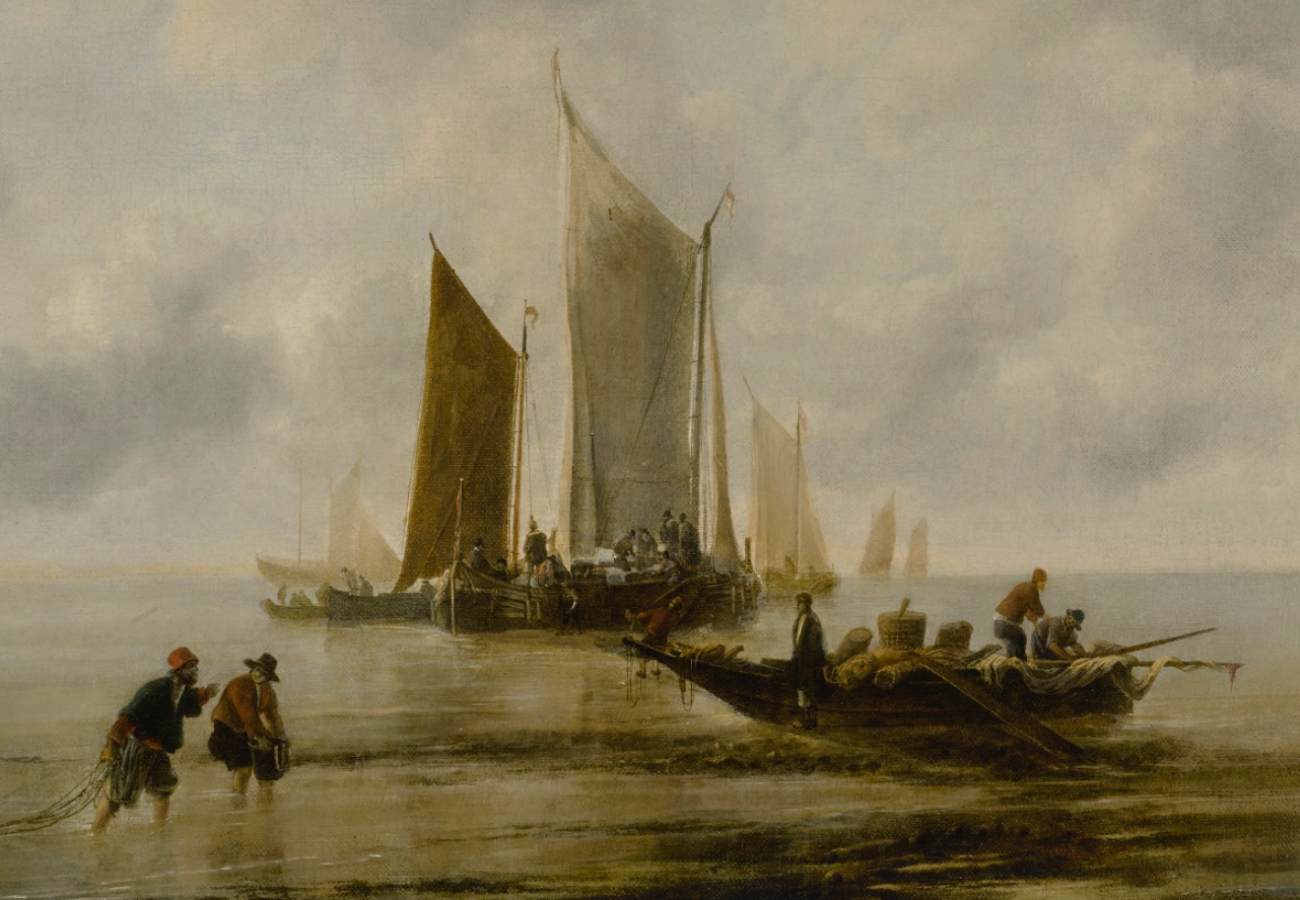 Marine avec pêcheurs et personnages sur un quai (détail)