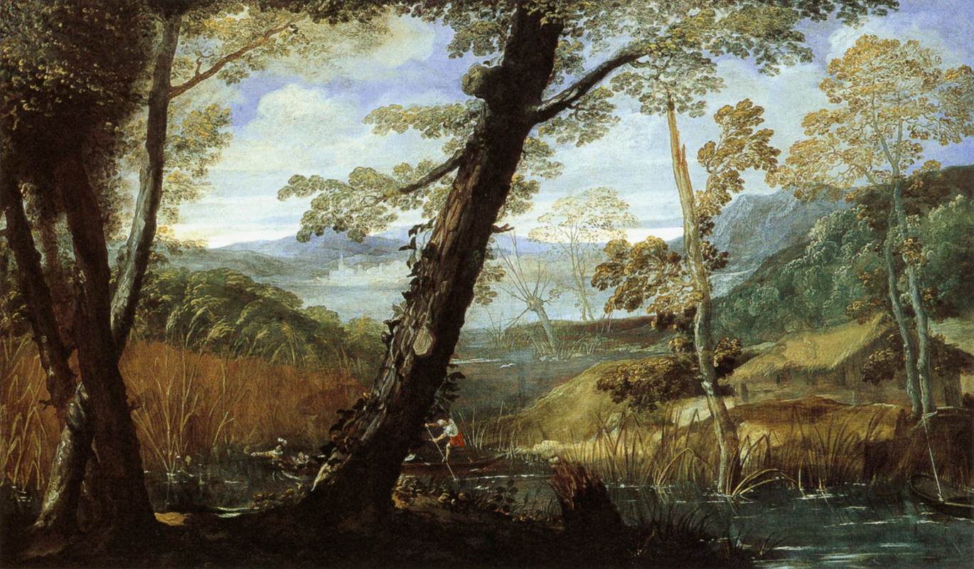 Paysage de rivière avec bûcherons