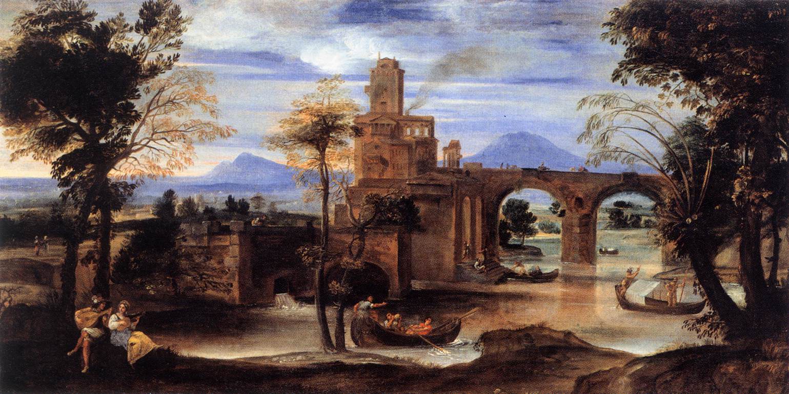 Paysage fluvial romain avec château et pont