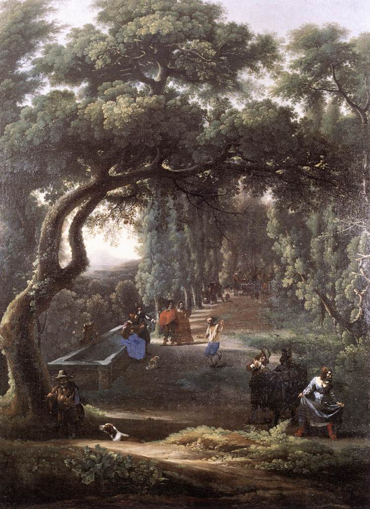 Figures dans une avenue bordée d'arbres