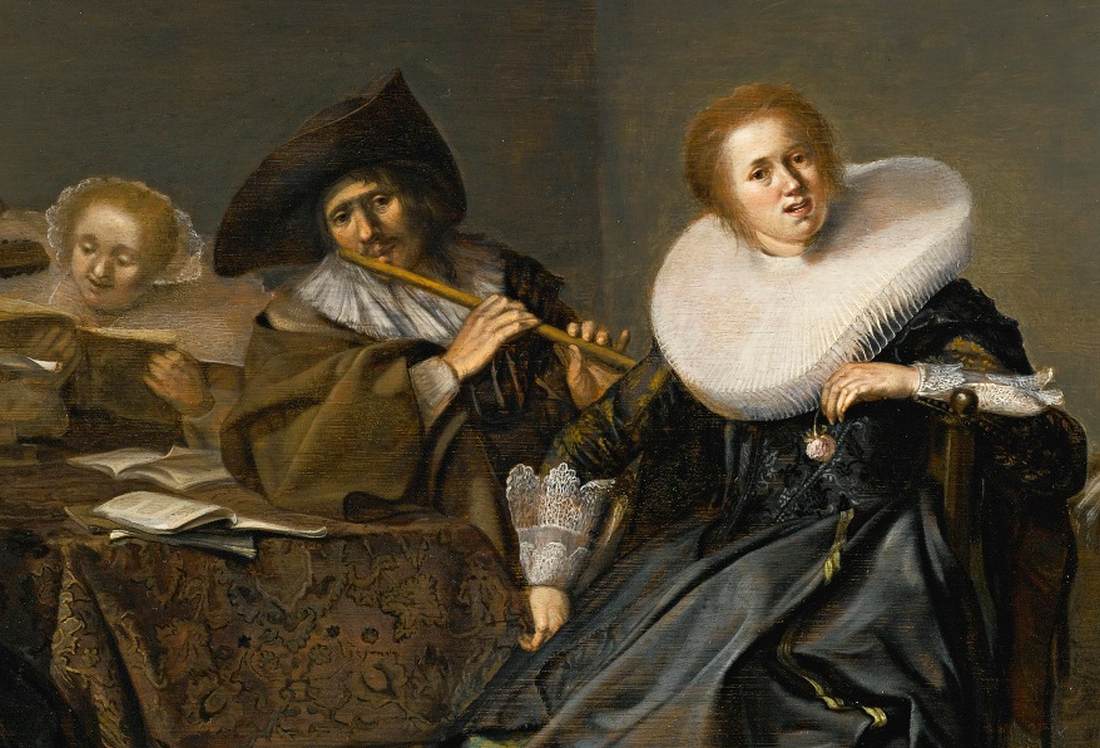 Intérieur avec des musiciens assis autour d'une table (détail)