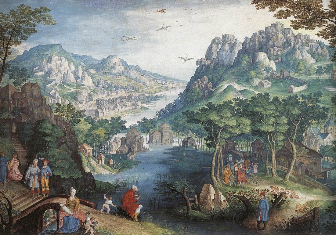 Paysage de montagne avec vallée fluviale et le prophète Osée