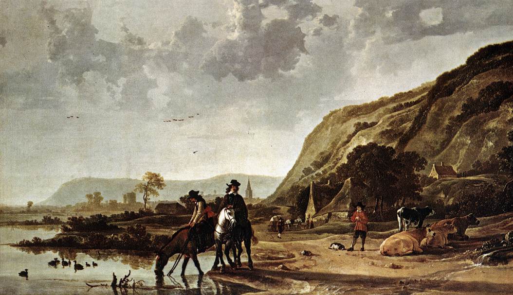 Grand paysage fluvial avec cavaliers