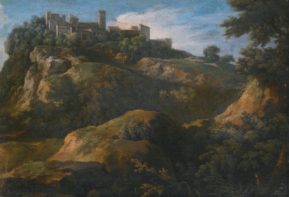 Paysage romain rocheux avec ville perchée