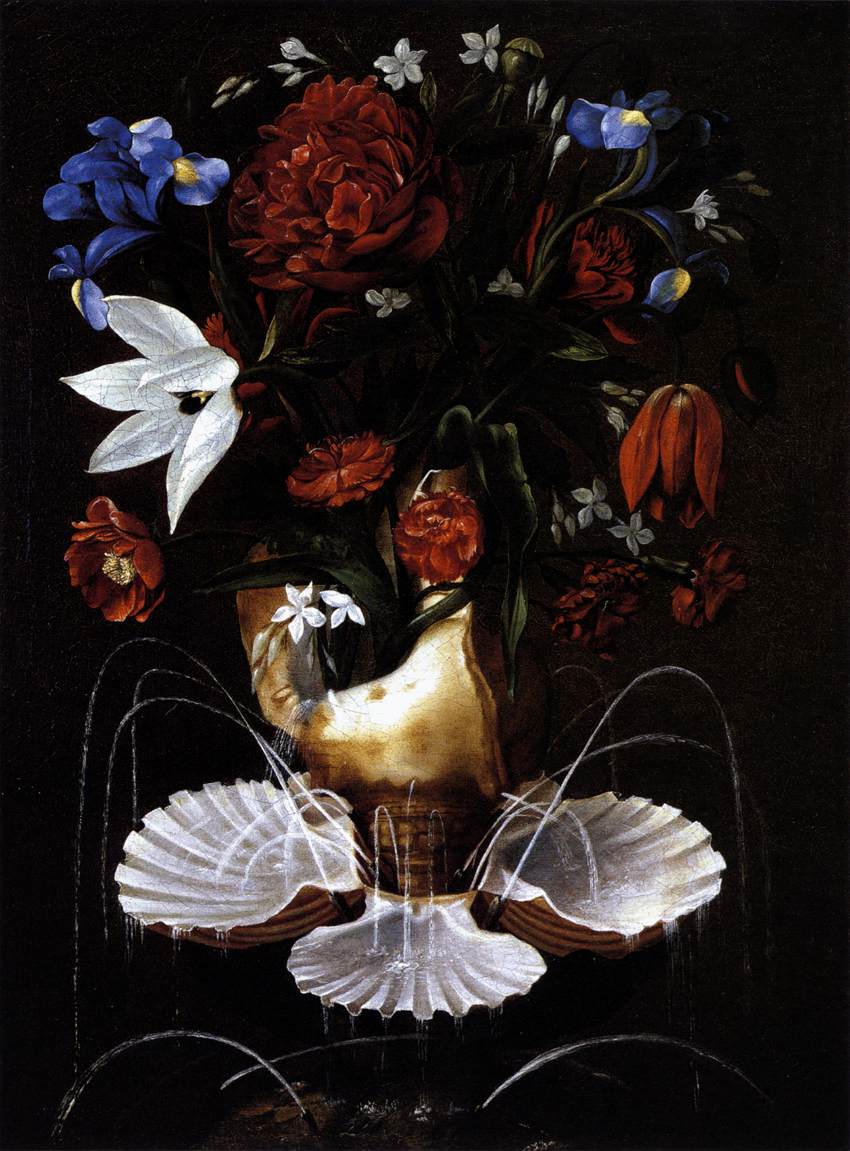 Nature morte avec fontaine en coquillage et fleurs