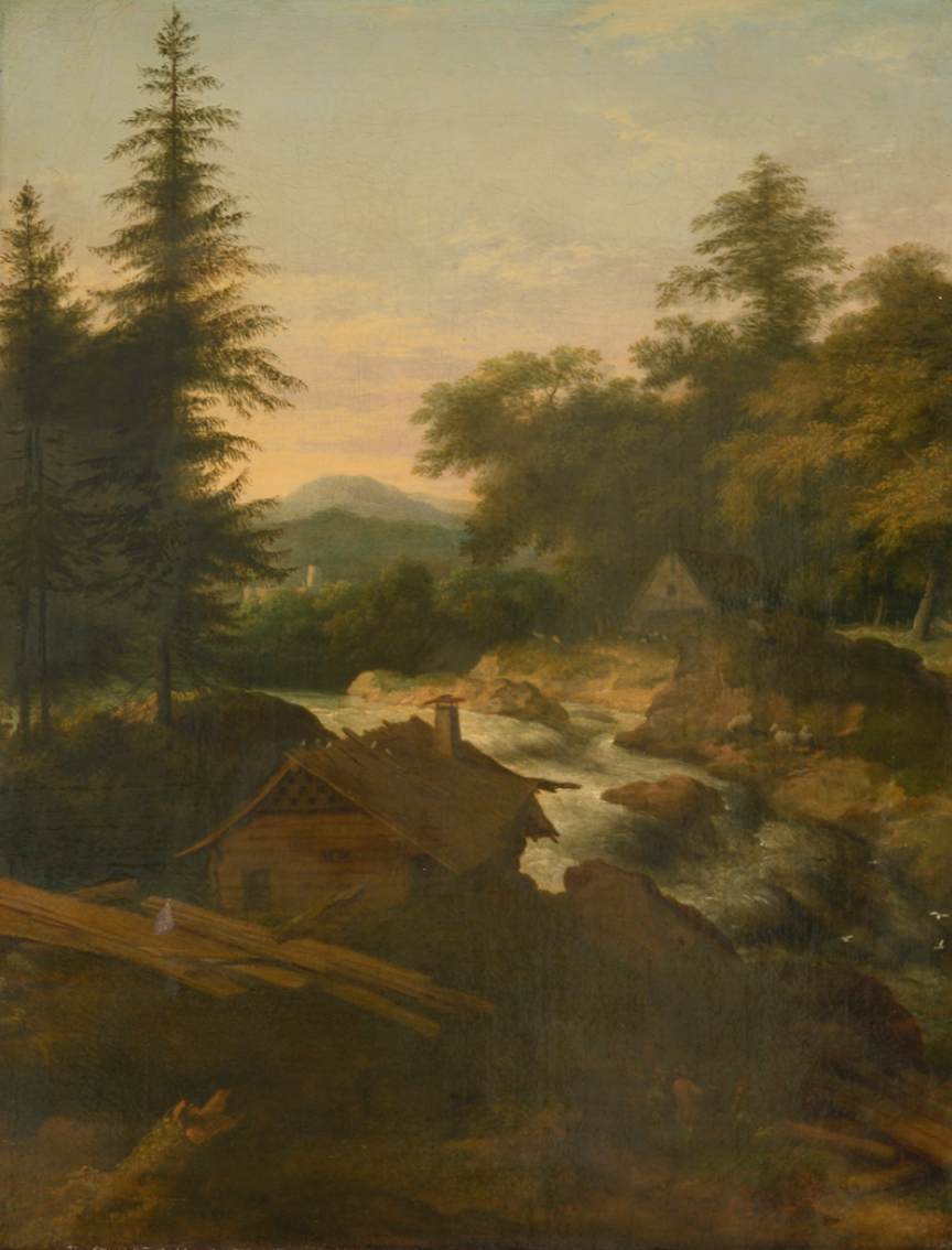 Paysage fluvial avec chaumière