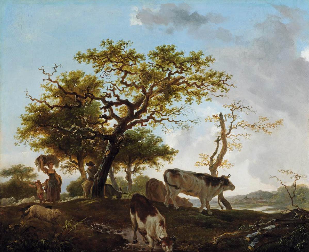 Jeune femme et un berger dans un paysage