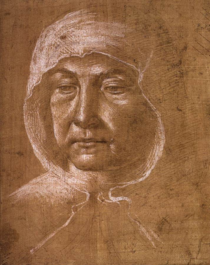 Tête d'une vieille femme portant une capuche