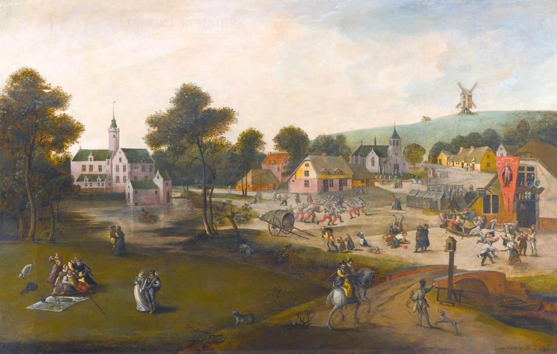 Entrée d'un village avec des paysans faisant la fête