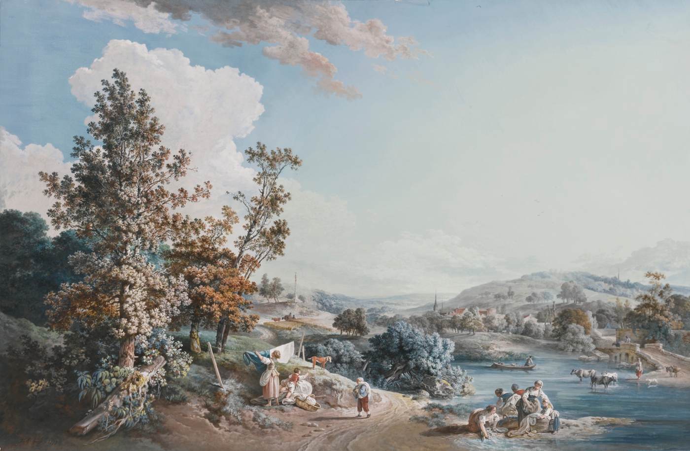 Paysage pastoral avec des femmes préparant la lessive