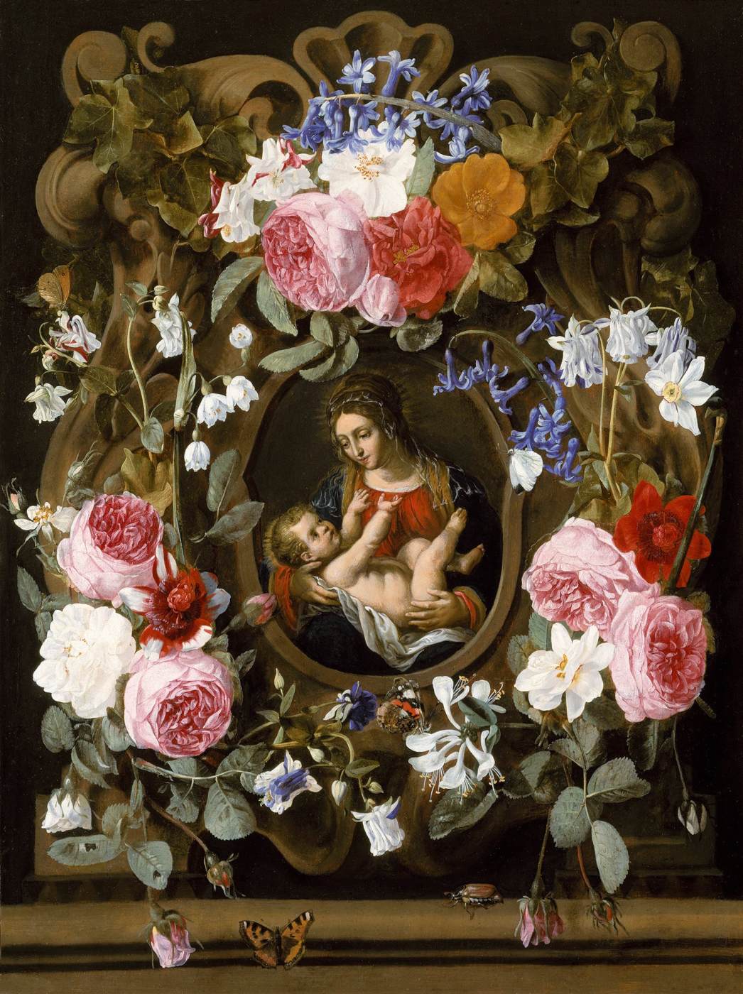Guirlande de fleurs avec la Vierge à l'Enfant